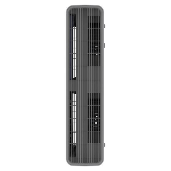 The Aerovex Systems Dual Core Wall Mount Air Purifier is shown from above, featuring a tall, slim, rectangular gray design with vertical black vents on the front and control buttons behind the protective grill near the bottom. Read more at Aerovex Systems (aerovexsystems.com)