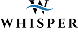 Logo for Whisper Nail Salon Source Capture System. The main layout features a stylized "W" with a blue wave cutting through it, positioned above bold, black "WHISPER." Smaller white text below reads "Nail Salon Source Capture System. Read more at Aerovex Systems (aerovexsystems.com)